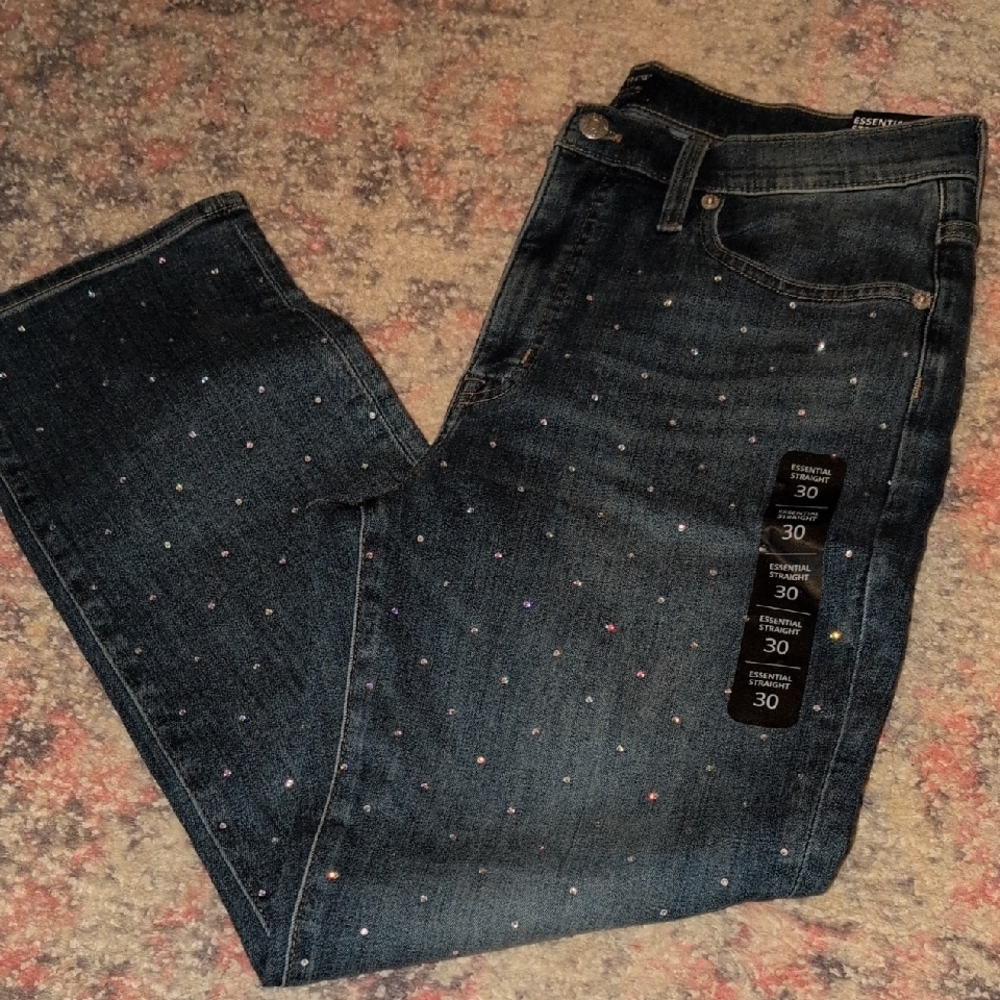 Dark Blue Jeans with Rhinestone Accents